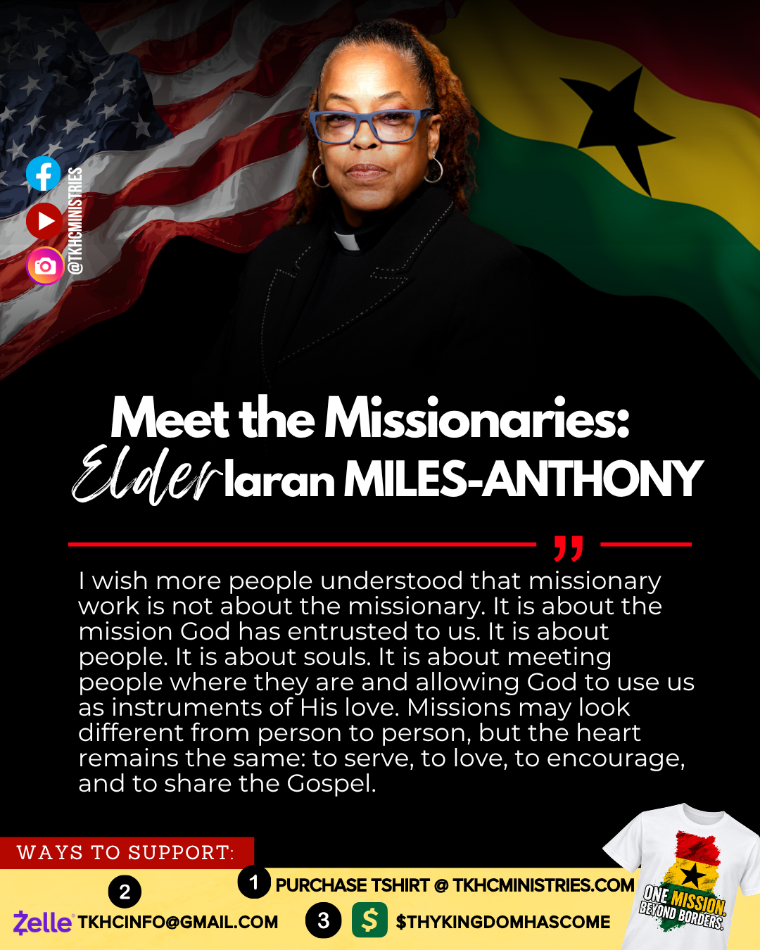 E.I.T. LaRan Miles-Anthony missionary profile graphic with United States and Ghana flags, her statement about missions, and ways to support.