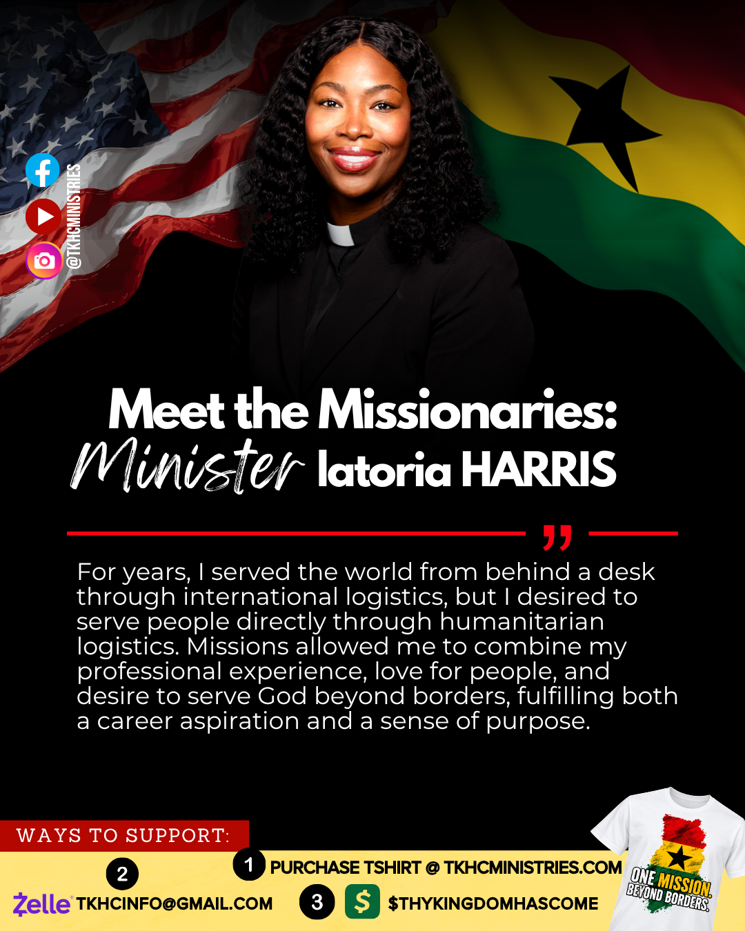 Minister Latoria Harris missionary profile graphic with United States and Ghana flags, her statement on missions, and ways to support.