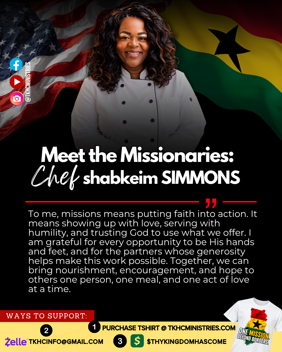 Chef Shabkeim Simmons mission profile graphic with United States and Ghana flags, her statement on missions, and ways to support.